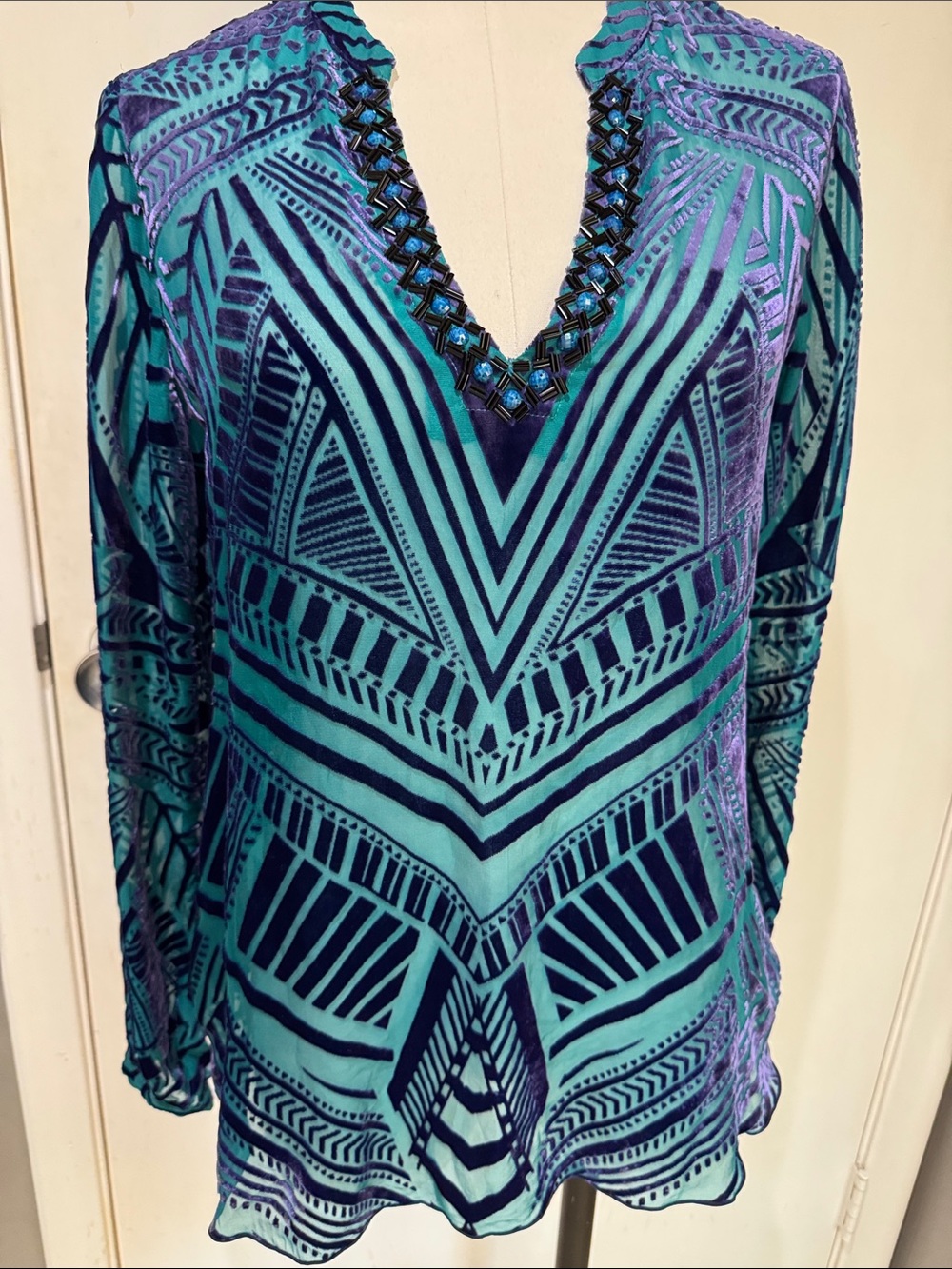 Beaded V-Neck Geometric Tunic in Teal & Navy by Hale Bob